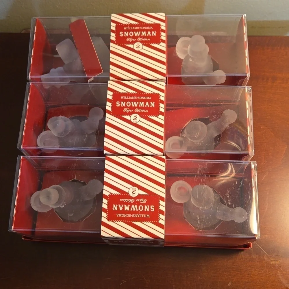Williams-Sonoma Frosted Snowman Taper Candleholders 3 boxes New in Box